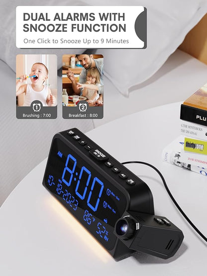 Projection Alarm Clock for Bedroom Ceiling, Digital Clock Projector with Weekday/Weekend Mode, Date, Temperature, Humidity, Type-C USB Charger, Snooze, Dual Alarms, Dimmer,12/24H