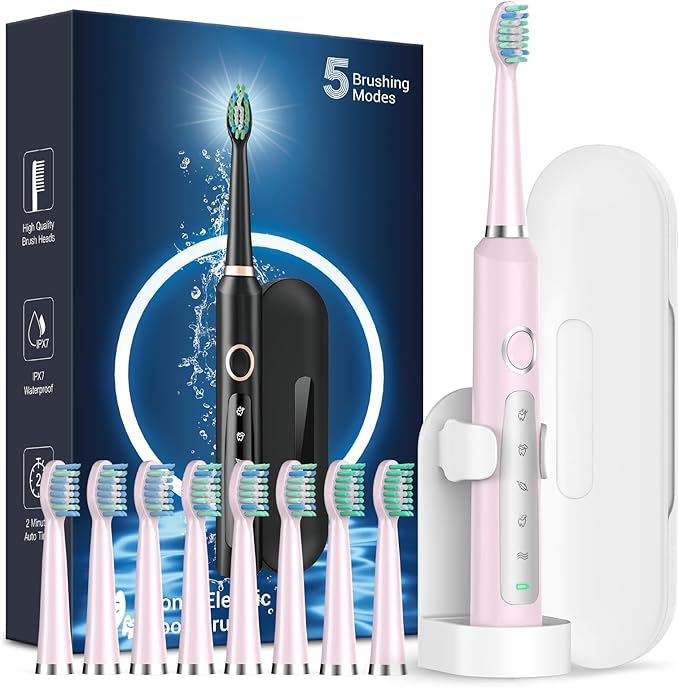 Rtauys M5 Sonic Electric Toothbrush for Adults and Kids - Rechargeable Electric Toothbrush Kids Ages 12+ and Adults with 8 Brush Heads & Travel Case, 120 Days Battery Life - Sakura Pink