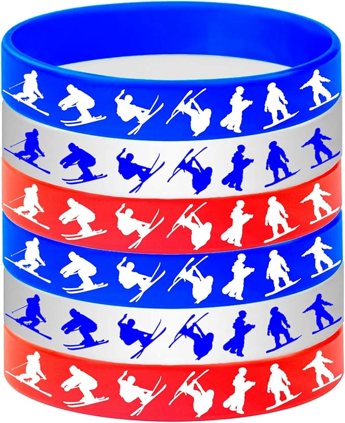 24PCS Skiing Themed Rubber Bracelets Sport Slicone Wristbands Snowboard/Skier Party Supplies Birthday Baby Shower Party Favors