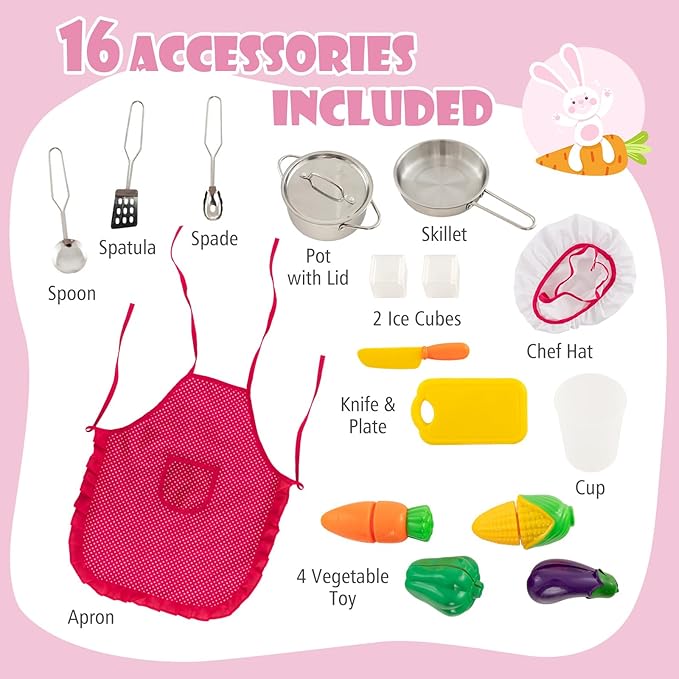 KOTEK Play Kitchen with Lights and Sounds, Wooden Toddler Kitchen Playset w/Ice Maker, Washing Machine, 16 Accessories & Stove, Chef Pretend Play Toy Kitchen Set for Kids Girls & Boys Ages 3+ (Pink)