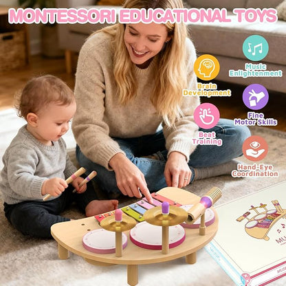 Kids Drum Set Montessori Musical Instruments for Toddlers 1-3, Wooden Baby Drum Kit with Xylophone, Preschool Music Toys for Early Learning, Educational Birthday Gift for Boys Girls (Pink)