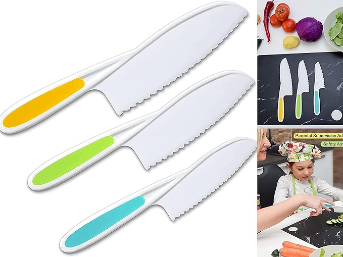 Leking 3 Pcs Kids Kitchen Knife, Plastic Serrated Edges Kids Knife Set for Cooking and Cutting Cakes, Fruits and Veggies, Perfectly Safe for Toddler Chef Knife Set for Kids Real Cooking