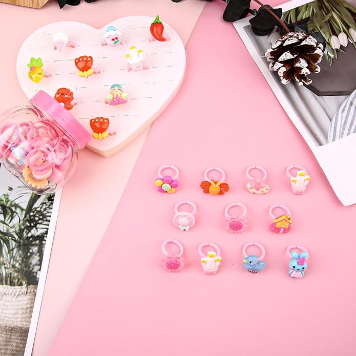 Little Girl Jewel Rings, Adjustable Pink Rings Girls Kids Pretend Play and Dress up Jewelry Set, Cute Rings with Display Case Party Favors Toys Gifts