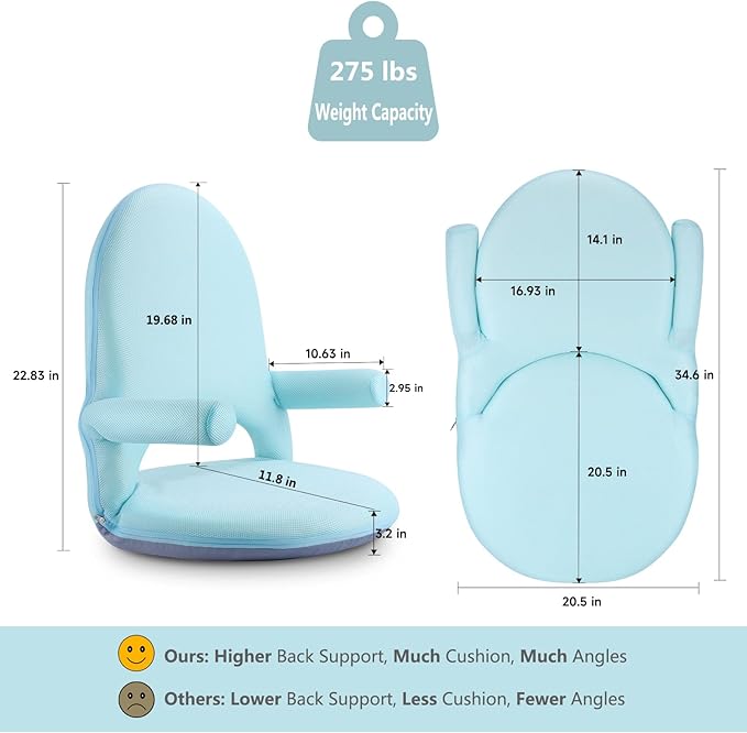 Nnewvante Floor Chair with Back Support and Armrest, 42 Angles Adjustable Washable Floor Seat, Folding Recliner with Cushion for Yoga Meditation Adults Kids Classroom Playing