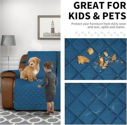 Easy-Going Oversized Loveseat Recliner Cover, Reversible Couch Cover for Double Recliner, Split Sofa Cover for Each Seat with Elastic Straps for Kids, Dogs(Oversized 2 Seater, Peacock Blue/Beige)