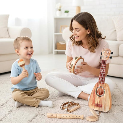 Kids Guitar Set - Musical Toys for 2 3 Year Old Boy Birthday Gifts, Montessori Toys for 2 Year Old Girls, Musical Instruments with Ukulele/Tambourine/Maracas for Toddler 2-4, Band Sets for Kids 3-5