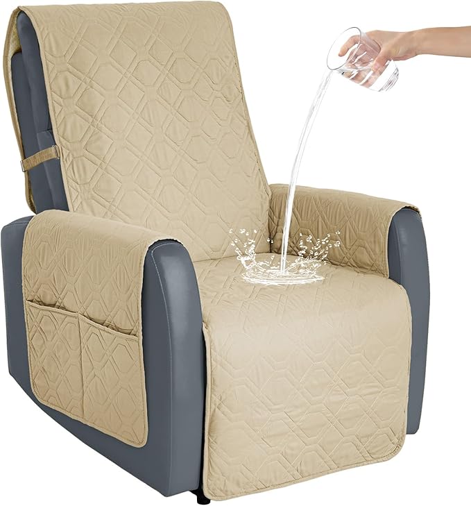 Recliner Chair Covers Sofa Slipcover Non-Slip Chair Couch Cover Machine Washable Furniture Protector with Straps for Dogs (Beige, 30inch Recliner)