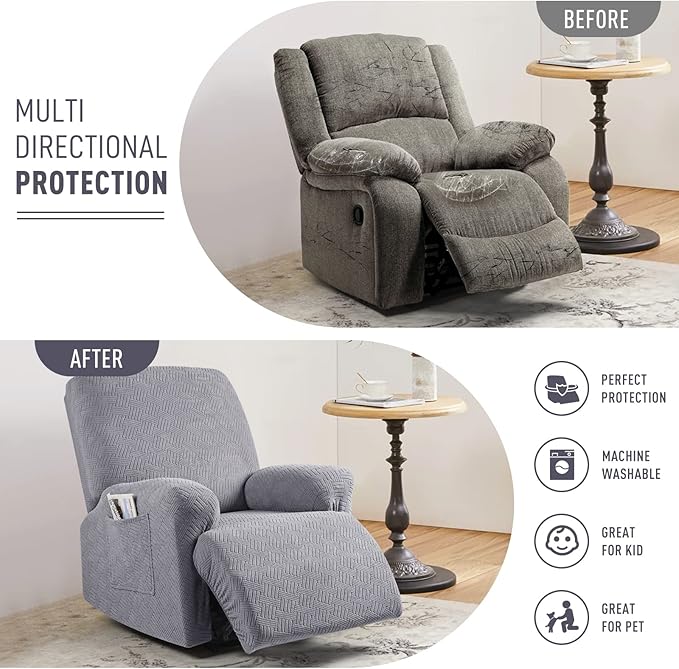 KinCam Recliner Covers, Stretch Reclining Chair Covers, Recliner Sofa Slipcovers Stripe Jacquard Recliner Couch Covers Furniture Protector Covers for Pet Kid (1 Seater, Light Gray)