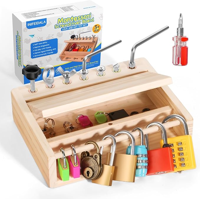 INIFEIDALA Montessori Toys for 3 4 5 Year Old,Montessori Screwdriver Board Set-Lock and Key Toy,Kids Tool Set,Preschool Learning Sensory - Fine Motor Skills - STEM Toys