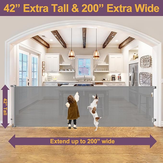 42" Tall X 200" Extra Wide Retractable Gates, Extra Tall Baby Gate for Large Openings Tall Mesh Gate Extra Long Dog Gates Indoor Pet Gate for Dogs or Kids Large Outdoor Retractable Deck Gates, Gray