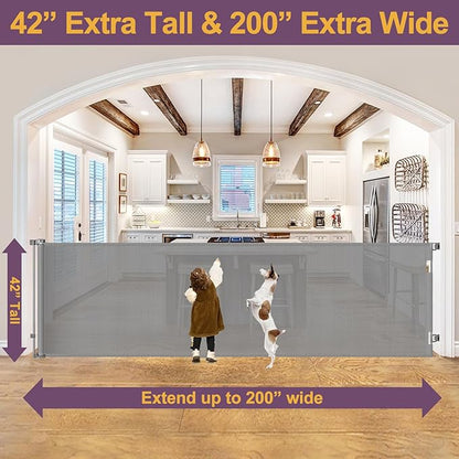 42" Tall X 200" Extra Wide Retractable Gates, Extra Tall Baby Gate for Large Openings Tall Mesh Gate Extra Long Dog Gates Indoor Pet Gate for Dogs or Kids Large Outdoor Retractable Deck Gates, Gray