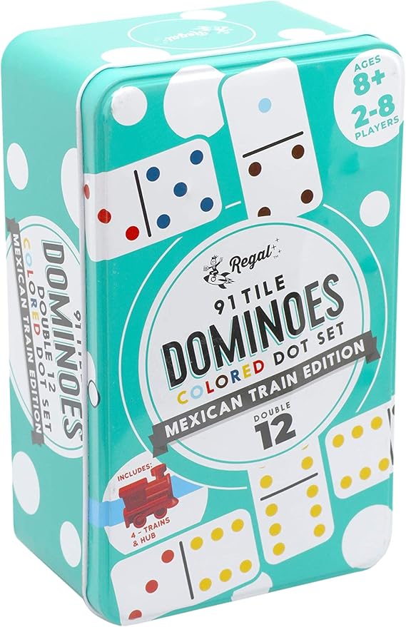 Regal Games Double 12 Mexican Train Dominoes Set with 91 Colored Domino Tiles, 4 Trains, Hub & Collector's Tin – for 2-8 Players, Ages 8+ – Perfect for Family Game Night, Kids & Adults