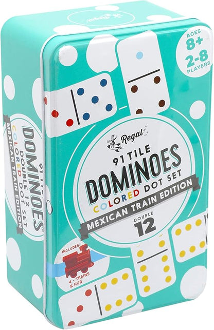 Regal Games Double 12 Mexican Train Dominoes Set with 91 Colored Domino Tiles, 4 Trains, Hub & Collector's Tin – for 2-8 Players, Ages 8+ – Perfect for Family Game Night, Kids & Adults