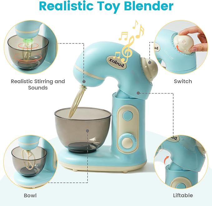 ROBUD Toy Blender, Toy Mixer with Bowl, Flour and Suger, Kids Play Kitchen Accessories, Pretend Play Kitchen Appliance for Kids with Realistic Light and Sound, Boys & Girls Toys Ages 3+
