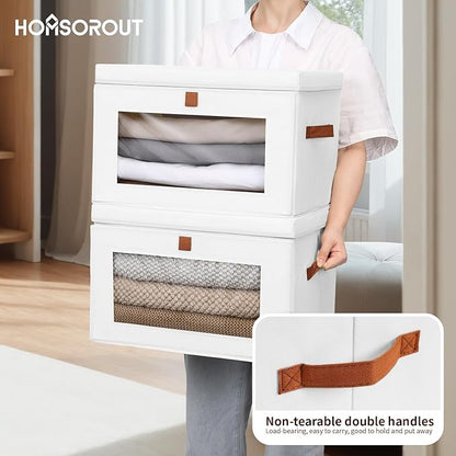 Homsorout Large Clothing Storage Bins - Collapsible Boxes with Handles & Window, Decorative Organizer Bins with Lids, Fabric Containers for Living Room, Dorm, 4 Pack, White