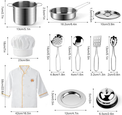 Juboury Pretend Play Kitchen Set - Toy Kitchen Accessories with Stainless Steel Cookware Pots and Pans, Plates, Cooking Utensils, Kids Chef Coat & Hat, Wooden Play Food for Kids, Girls, Boys, Toddlers
