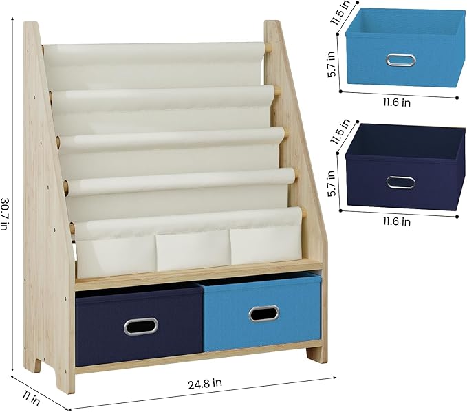 EXPERLAM 4 Tier Kids Book Shelf, Wooden Kids Book Rack Storage Bookshelf with Toy Storage Organizer, Toddler Sling Bookshelf for Boys, Girls, Kids Room, Blue