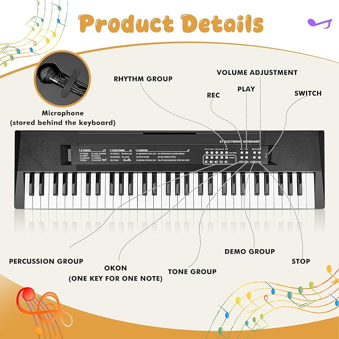 61 Keys Kids Piano Keyboard Toy with Mic – Portable Electronic Piano for 3 4 5 6 7 8 Girls Boys Beginners Birthday Xmas Gifts, Black