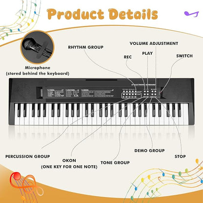 61 Keys Kids Piano Keyboard Toy with Mic – Portable Electronic Piano for 3 4 5 6 7 8 Girls Boys Beginners Birthday Xmas Gifts, Black