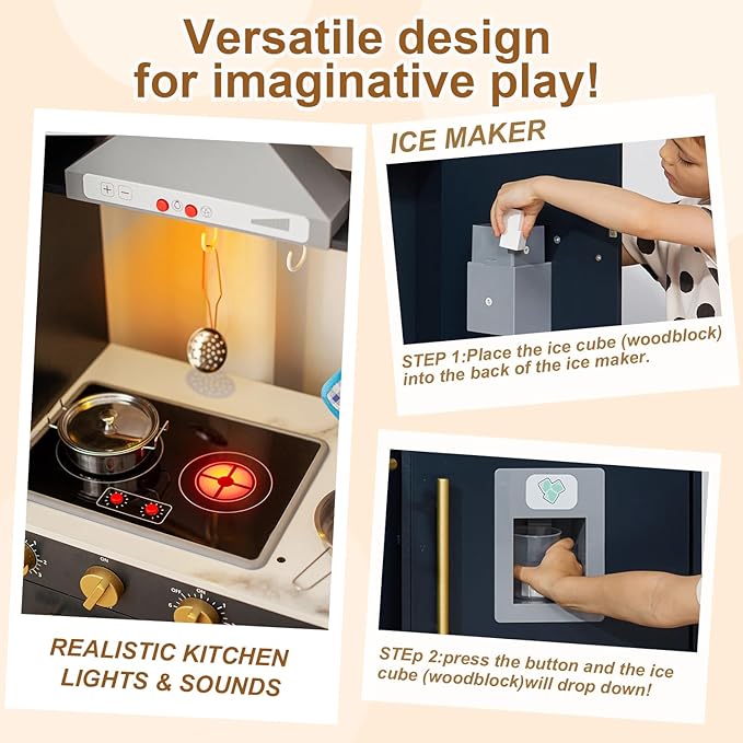 Corner Play Kitchen for Kids Kitchen Playset with Toy Storage System, Wooden Toy Kitchen Set with Plenty of Play Features, Toddler Kitchen Set for Boys and Girls Ages 3+ (Dark Blue)