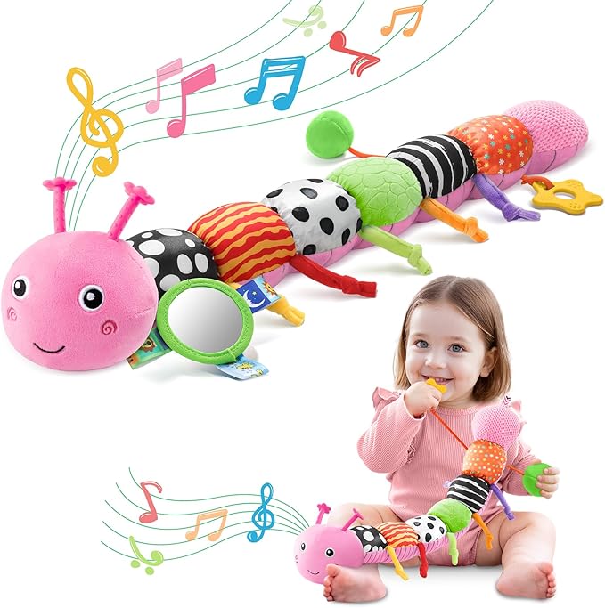 AWOTOY Baby Toys 0-6-12 Months,Musical Caterpillar Stuffed Animals Activity Infant Toys with Crinkle,Rattles,Mirror&Pull String,Muti-Sensory Toys Gifts for Newborn Tummy Time,Pink,Knot prolegs