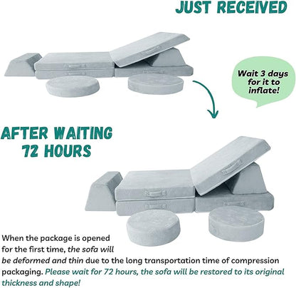 MeMoreCool Modular Kids Play Couch Sofa, Gray 8-Piece Fold-Out Convertible Toddler Couch with Rocket, Star, and Moon Patterns for Playroom