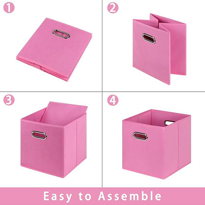 Fabric storage bins Cubes, Fabric Cube Organizer with Handle, Foldable Cube Bins for Cloth or Accessary Storage, 11x11x11, Set of 6, (Pink)