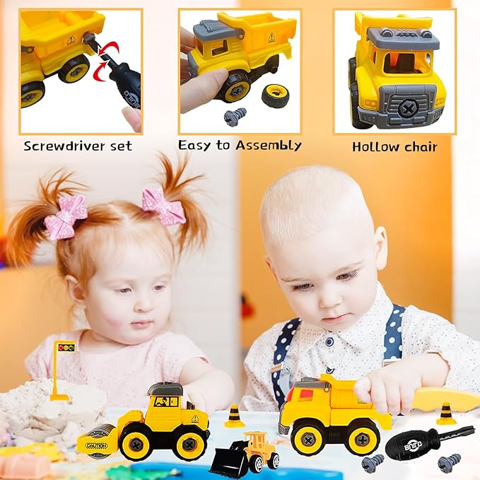 34 PCS Play Sand Construction Sensory Bin Set,2.2 lbs Magical Sand,2 Take Apart 6 Undetachable Construction Trucks Toys,Castle Molds,Road Signs,Sensory Sandbox with Lid for Kids Boys Girls Aged 3+