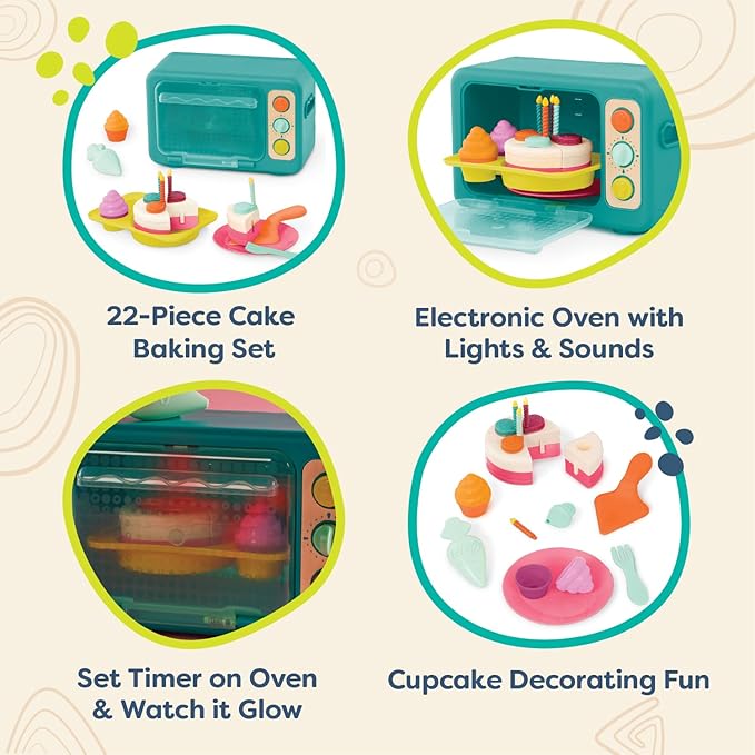 B. toys – Play Oven Set – 22-Piece Cake Baking Playset – Pretend Cupcake Decorating – Lights & Sounds – 3 Years + – Mini Chef - Bake-a-Cake Playset