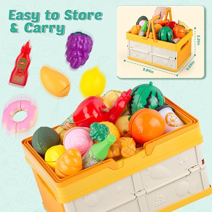 Play Food Sets for Kids Kitchen, Picnic Basket Toy Food Cutting Set with Cutlery and Blanket, Toddler Play Kitchen Accessories with Fruits, Juice, Fake Food with Pizza Toys for Boys Girls