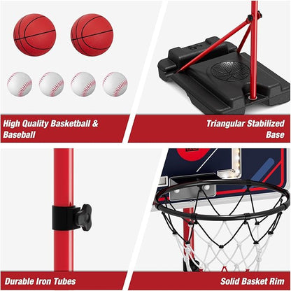 HYES 4 in 1 Kids Basketball Hoop and Tball Set 3-5, Basketball Goal with Scoreboard&LED, Hanging Tee Ball Stand with Baseball Pitching Machine, Indoor Outdoor Sport Toys for Boys 4-8