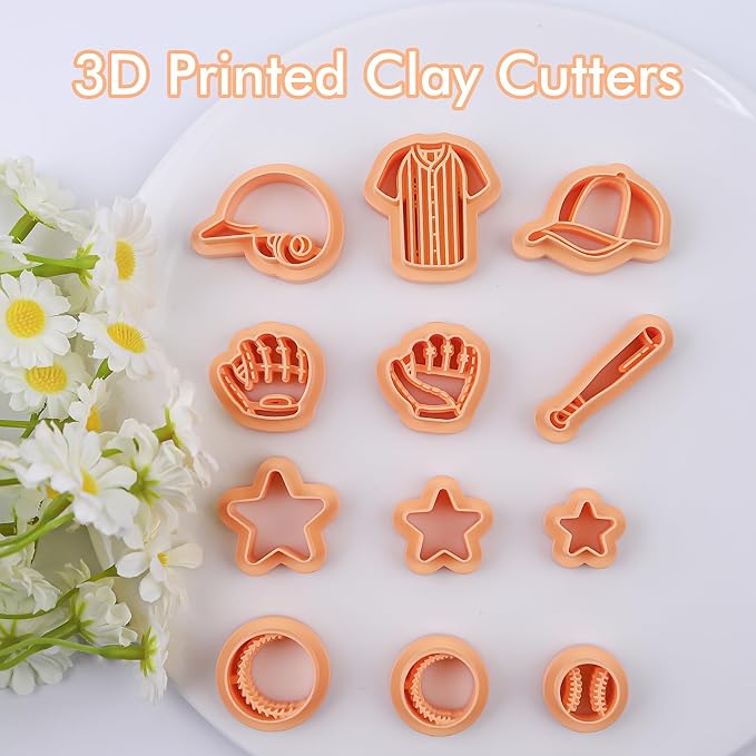 Puocaon Baseball Polymer Clay Cutters - 12 Pcs Sportswear Clay Cutters for Polymer Clay Jewelry, Star Baseball Cap Bat Clay Cutters for Earrings Making, Baseball Glove Polymer Clay Cutters for Earring