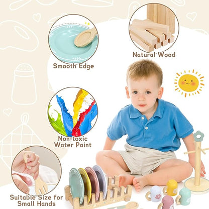 20 PCS Kitchen Playset with Wooden Toy Plates and Dishes, Montessori Kitchen Toys for Girls and Boys, Wooden Play Kitchen Accessories for Kids Toddlers Aged 3 and up