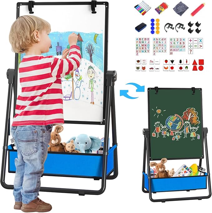 Kids Easel Double-Sided Art Easel with Paper Clip Height Adjustable Whiteboard & Chalkboard 360°Rotating Standing Art Easel for Kids Gift for Boys and Girls Toys for Ages 2-4