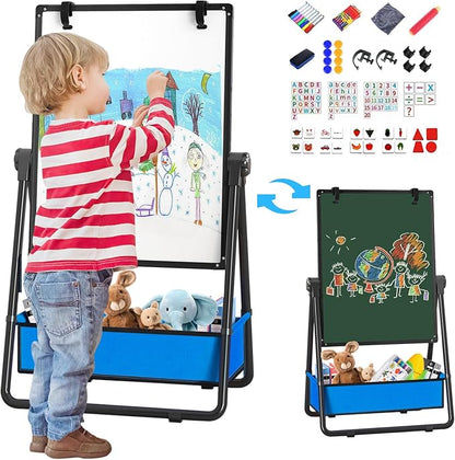 Kids Easel Double-Sided Art Easel with Paper Clip Height Adjustable Whiteboard & Chalkboard 360°Rotating Standing Art Easel for Kids Gift for Boys and Girls Toys for Ages 2-4