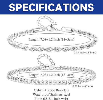 PEALICIOUS Bracelets for Men Jewelry as 2 PCS Silver/Gold Bracelet for Men Chain, 7-10In Stainless Steel Bracelets for Men Fathers Days Gifts for Boys Pulseras Para Hombres Mens Accessories