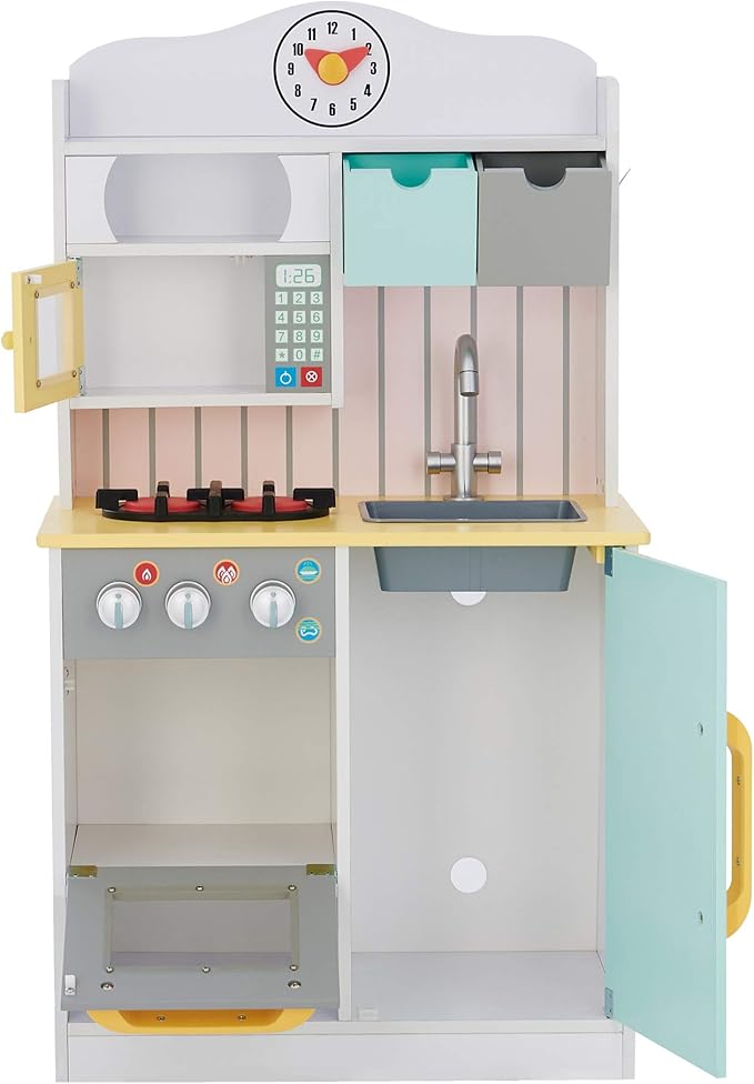 Teamson Kids Little Chef Florence Classic Interactive Wooden Play Kitchen with Accessories and Storage Space for Easy Clean Up, White with Mint Green and Yellow Accents