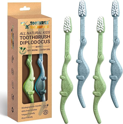 ROARex® All-Natural Eco Friendly Kids Toothbrush Made from Plants - Dinosaurs 4-36m - Baby to Toddler - Blue/Green - 4pk | 1% for The Planet Product