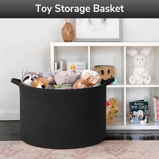 Goodpick Large Storage Basket, 23.5'' x 15.8'' Woven Storage Baskets, Cotton Rope Toy Storage for Kids Decorative Laundry for Home, Perfect for Living Room, 115L Black