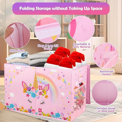 Mabahoo Large Toy Box, Collapsible Sturdy Kids Storage Organizer for Boys Girls, 25"x13"x16" Storage Box with Lids, Toy Chest Bins Basket for Living Room, Playroom, Nursery, Pink
