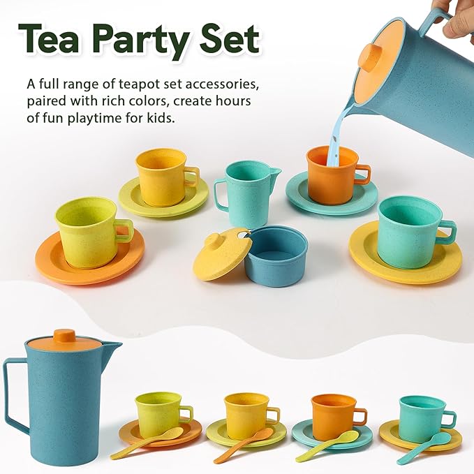 HERSITY Picnic Basket Toys for Toddlers, Kids Play Tea Sets with Teapot Tea Cup Dessert Food and Mat, Pretend Play Kitchen Accessories Tea Party Set Little Girl Boy Age 3 4 5