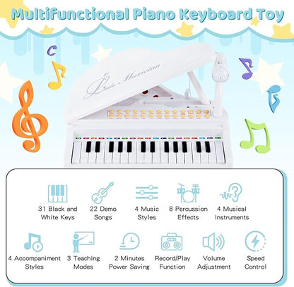 Costzon Kids Piano, 31 Key Mini Grand Piano Toy Keyboard with Microphone, Stool & Lights, Portable Electronic Piano Educational Musical Instrument Toy, Birthday Gift for Toddler Boys Girls (White)