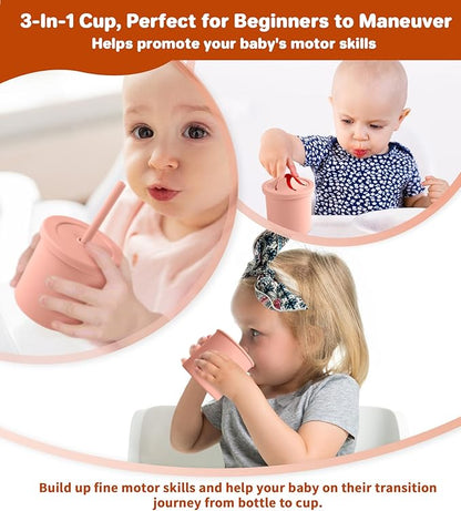 ECLIP Silicone Baby Feeding Set, 10 Pcs Baby Led Weaning Supplies with Suction Bowl Divided Plate Adjustable Bib Soft Spoon Fork Snack Cup with Lid Drinking Cup, Utensil (Brick Red)