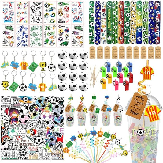 Soccer Party Favors, 172 pcs Birthday Party Supplies contains Cups, Straws, Whistles, Bracelets, Keychains, Stickers, Soft Balls, Tatoo Stickers, Thank You Tags for Sport Themed Birthday Decors