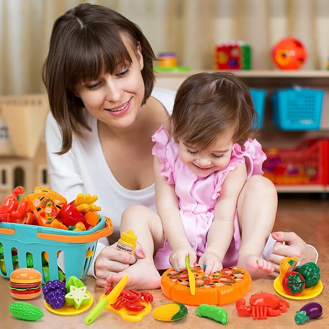 HOLYFUN 100 PCS Cutting Play Food Toy for Kids Kitchen, Pretend Fruit & Vegetables Accessories with Shopping Basket, Plastic Mini Dishes, Play Money, Perfect Educational Toy for Toddlers Boys & Girls