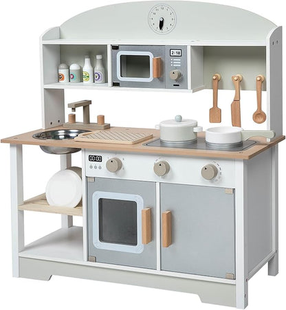 Kids White Wooden Play Kitchen Sink Microwave Oven Stoves Cabinet Shelf Interactive Turning Knob Clock Little Chef Storage Kitchenware Plates Pans Cutting Board Spice Bottles Knife Spatula