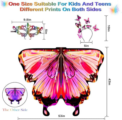 Butterfly Wings For Girls, Double-Sided Fairy Wings, Halloween Costumes for Kids, 3PCS Butterfly Cape Set.