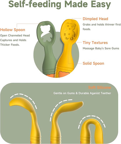 4 Pack Baby Spoons, First Stage Spoons, Food Grade Silicone, 6+ Months, Teething for Self Feeding, Toddler Utensils for Baby Led Weaning, BPA Free