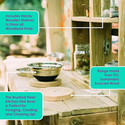 Plum Discovery Mud Pie Kitchen for Kids Outdoor Toys - Play Toy Kitchen with Accessories, Wooden Kids Kitchen Playset, with Built-in Gardening Planter and Painting Easel for Kids Age 3+