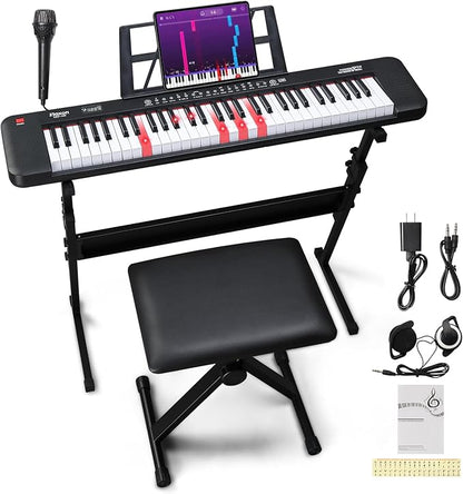 Ktaxon 61 Key Keyboard Piano Electric Keyboard w/Lighted Keys, Electric Piano Set with Headphones, Microphone, Music Rest, Power Adapter, Stand, Piano Bench and Manual (Compact-Classic Black)